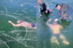 Se tiró a nadar en un lago congelado, no encontró la salida y se vivió una escena de terror