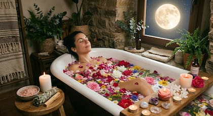 Se úede aprovechar la energía de la Luna de las Flores para hacer un baño de florecimiento y abundancia (imagen ilustrativa generada con IA)