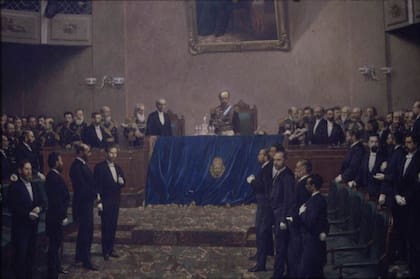Se ve a al presidente Roca con la frente vendada en el óleo pintado por Juan Manuel Blanes que registra la escena del inicio de las sesiones legislativas de 1886