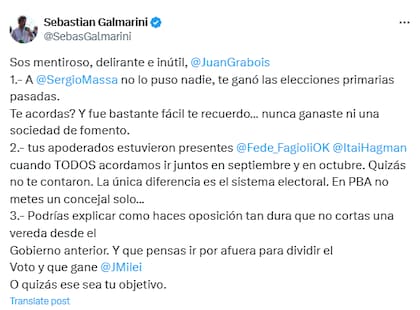 Sebastián Galmarini defendió a Sergio Massa y criticó a Juan Grabois (X: @SebasGalmarini)