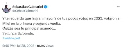 Sebastián Galmarini insinuó que Juan Grabois podría tener un acuerdo con el Presidente (X: @SebasGalmarini)