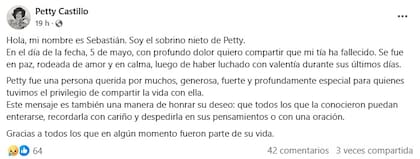 Sebastián, sobrino nieto de la artista, comunicó la noticia de su fallecimiento a través de una publicación en Facebook
