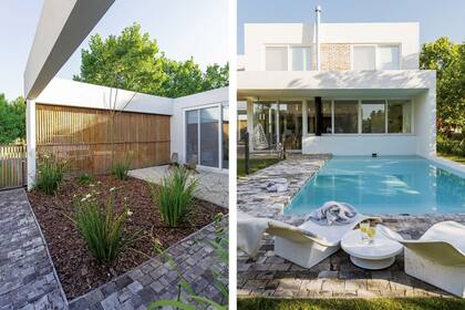 Secciones de ladrillo visto, cerramientos en madera y grandes ventanales alivianan la fachada. Los adoquines de madera no queman, no resbalan y generan un atractivo contraste con el espejo de agua.