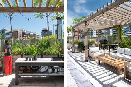 Sector de la cocina con especies comestibles y living exterior con pérgola.