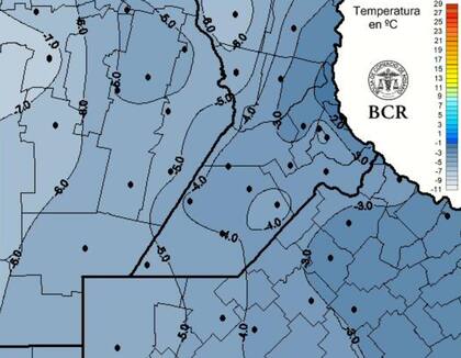 Según datos de la Bolsa de Comercio de Rosario (BCR), se registraron mínimas de -7,5 °C en Hernando, -7 °C en Carlos Pellegrini, -6,4 °C en Bengolea, -6 °C en Montes de Oca y -5,3 °C en Laboulaye