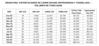 Según el ABC, entre enero y octubre de 2025 se exportaron 588,8 mil toneladas peso producto