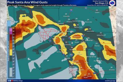 Según el Centro de Predicción de Tormentas de la NOAA, estas zonas enfrentarán un peligro de incendio “extremo”, similar al evento registrado a principios de noviembre (Foto: Servicio Meteorológico Nacional)