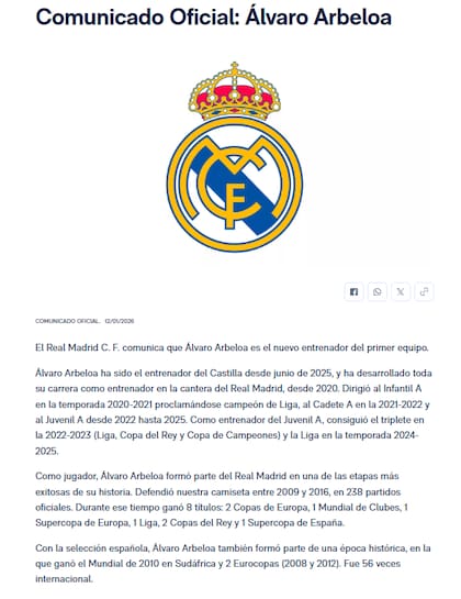 Según el comunicado oficial, Álvaro Arbeloa quedará al frente del Real Madrid