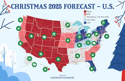 Según el Old Farmer’s Almanac para la semana de Navidad de 2025, California espera un panorama con mayor probabilidad de lluvias que de nieve
