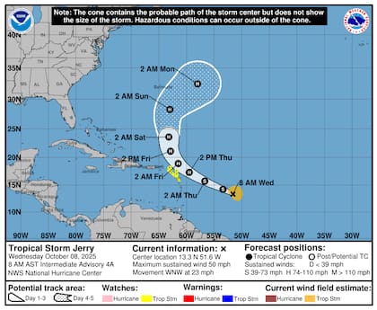 Según el pronóstico oficial, se espera que Jerry alcance vientos de 63 mph (101 km/h) para el jueves temprano y 75 mph (121 km/h) hacia la tarde del mismo día, momento en que se convertiría oficialmente en huracán