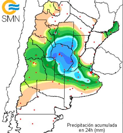 Según el Servicio Meteorológico Nacional, este es el mapa de lluvias acumuladas (mm) de ayer a hoy