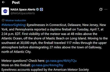 Según informes de la NASA, el objeto viajó a 30.000 millas por hora antes de desintegrarse sobre la localidad de Galloway