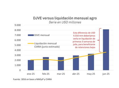 Según la consultora, en junio las DJVE sumaron el equivalente a US$8150 millones, mientras que las liquidaciones del agro rondaron los US$3600 millones