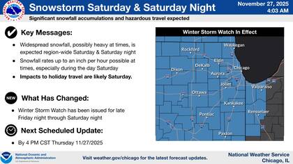 Según la discusión técnica del NWS, existe un 60% o más de probabilidad de que se registren acumulaciones de nieve superiores a 6 pulgadas (15 centímetros) en numerosas zonas del norte y centro de Illinois