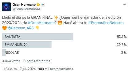 Según la encuenta de Gran Hermano en X, Bautista sería el ganador del reality