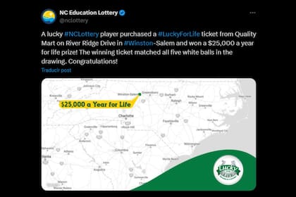 Según la Lotería de Carolina del Norte, el juego de US$25 mil al año de por vida fue adquirido en una tienda Quality Mart de la ciudad de Winston-Salem (North Carolina Education Lottery / X)