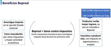Según los datos del FADA, los beneficios de emitir un Bopreal para el campo son varios: “Amortigua impacto en la caja del Estado nacional, crece la recaudación por otros impuestos y mayor actividad económica, el productor recibe mayor ingreso, ya sea en moneda o Bopreal, hay incentivo a producir más, con impacto en exportaciones y empleo”