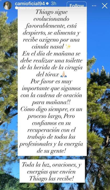 Según su hermana Camila, Thiago Medina ya se alimenta y recibe oxígeno por una cánula nasal