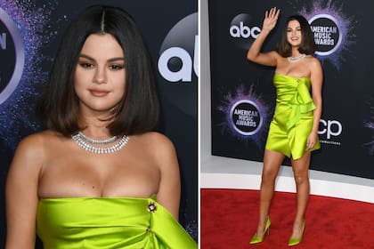 Selena Gomez apostó por un vestido verde manzana que acentuaba su escote, con zapatos haciendo juego