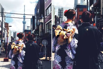 Selfies con kimono en las calles de Asakusa