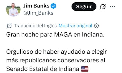 Senadores como Jim Banks celebraron el triunfo conservador en Indiana