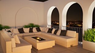 Seneca Spazios tiene una terraza con livings para uso común dentro de sus amenities