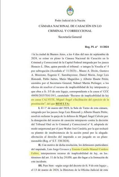 Sentencia contra Miguel Calvete en la que figura Ernesto Camilo Manuel Cordero Fabbri como su abogado defensor