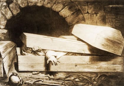 Ser enterrado vivo aterrorizó a muchos por siglos, incluidos el presidente George Washington, el autor Hans Christian Andersen y el compositor Frédéric Chopin. ("El entierro prematuro", de Antoine Wiertz, 1854).