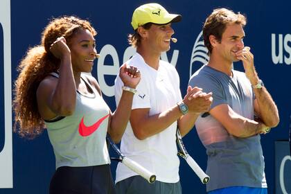Serena Williams, Rafael Nadal y Roger Federer durante el Día de Niños del US Open, el 13 de agosto de 2013