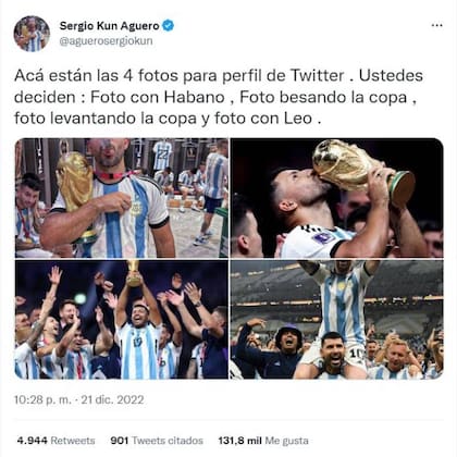 Sergio Agüero pidió a sus seguidores que lo ayudaran a decidir qué foto de los festejos en Lusail podría usar en su perfil de Twitter