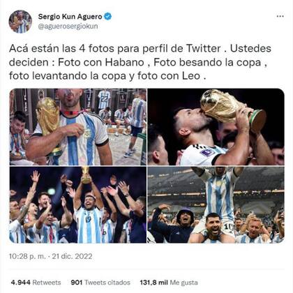 Sergio Agüero pidió a sus seguidores que lo ayudaran a decidir qué foto de los festejos en Lusail podría usar en su perfil de Twitter