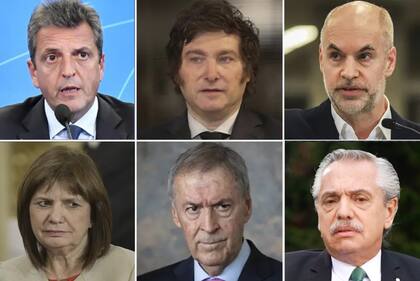 Sergio Massa, Javier Milei, Horacio Rodríguez Larreta, Patricia Bullrich, Juan Schiaretti y Alberto Fernández