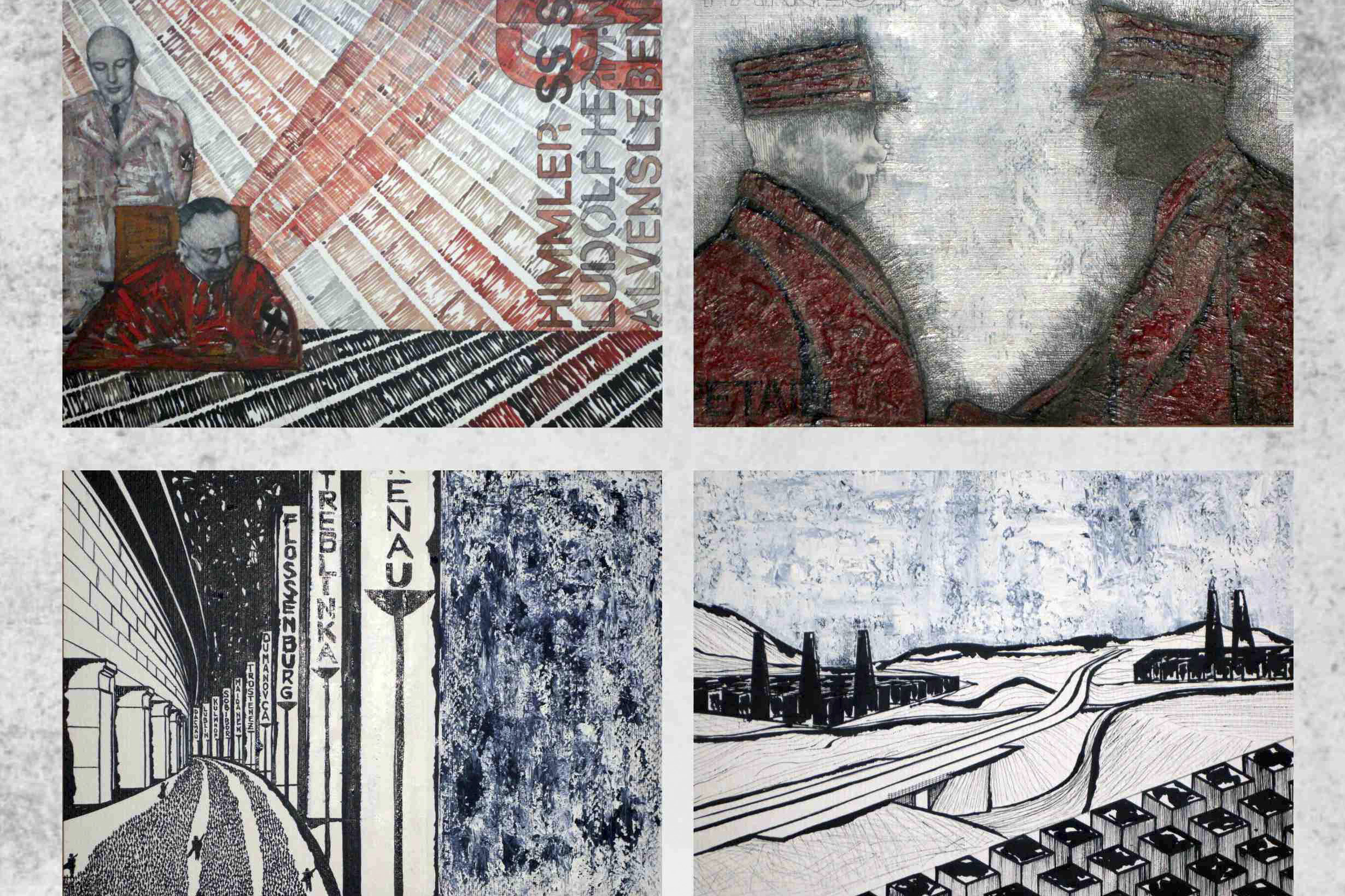 Serie de dibujos en tinta y acrílico sobre personajes históricos, genocidas nazis y "campos de la muerte" en Ucrania