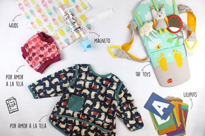 Set de bolsas impermeables $190 de 4kids / Botella de Magneto / Pañal de agua $450 de Por Amor A La Tela / Juego para el auto $1299 de Taf Toys / Delantal $440 de Por Amor A La Tela / Cartas $300 de Liliputs