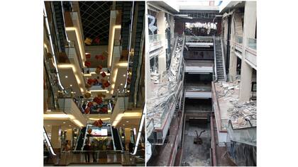 Shahba Mall, uno de los centros comerciales más grandes de Siria, antes de que fuera dañado el 12 de diciembre de 2009 (derecha) y después el 16 de octubre de 2014