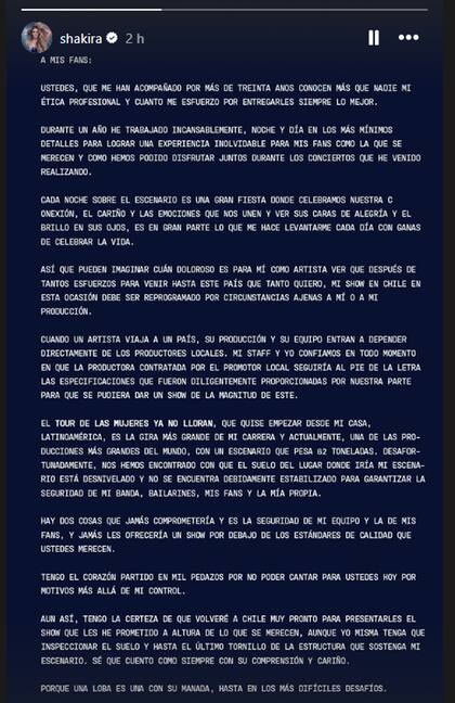 El comunicado que publicó Shakira en las redes para anunciar la cancelación de su presentación en Chile (Foto: Instagram shakira)