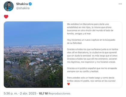 Shakira se despidió de Barcelona con un emotivo mensaje