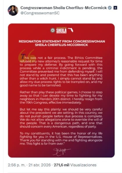 Sheila Cherfilus-McCormick, representante por Florida en el Congreso, renunció a su banca este martes 21 de abril de 2026