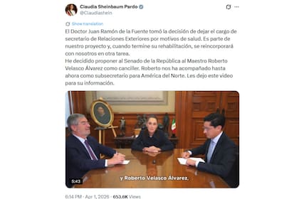 Sheinbaum anunció la nominación de Roberto Velasco en su cuenta de X; también fue publicado en el sitio web del gobierno de México