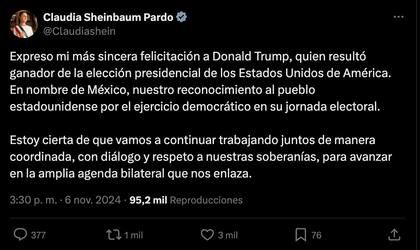 Sheinbaum se pronuncia sobre el triunfo de Trump