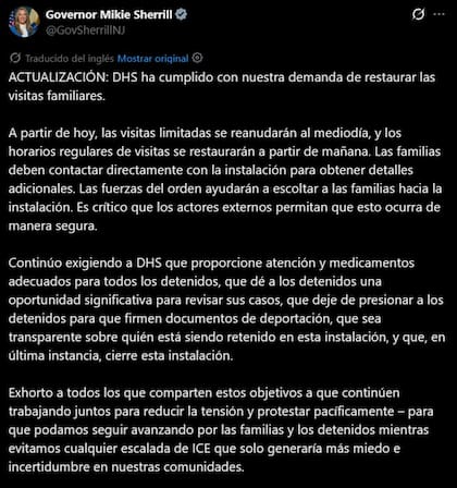 Sherrill informó que se restauraron las visitas en el centro de detención