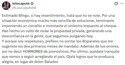 "Si hay resentimiento, tratá que no se note", escribió Caputo en respuesta a las críticas de Cavallo