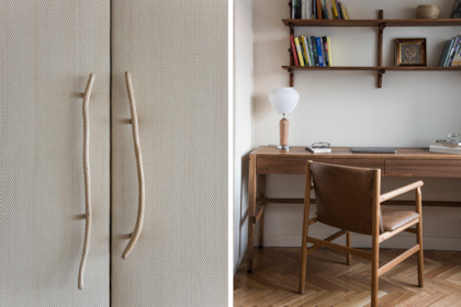 Silla ‘Clio’ (Federico Churba). Escritorio ‘Samurai’ de madera maciza (Marini Estudio).