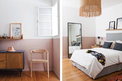 Silla, consola y estante (Urbano Studio). Alfombra tipo kilim de la colección de Facundo Lhez (RUGit), y lámparas de mimbre XL (Mimbrería Gorriti). Angosto estante de madera para exponer (y cambiar con frecuencia) las obras de Mila.