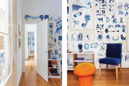 Silla tapizada en pana azul (Centro de Diseño Italiano), puf naranja encontrado en la calle para contrastar.