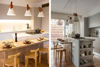 Sillas de Ries Estudio. Piso de roble de Eslavonia ‘Proa Natural’ (Patagonia Flooring). Lámparas colgantes de Juan Diciervo (Quintana Casa). Anafe (Longvie).