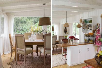 Sillas tapizadas, mesa de pino tea, árbol de alambre, fanales de vidrio (ambos de 7-27 Home Collection) y vajillero antiguo de madera. Contenedor de alambre y lámparas colgantes hechos por la dueña.