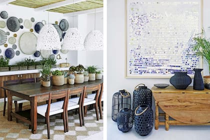 Sillas ‘Twig’ con estructura de caoba africana y asiento acordonado (Vogel). Trío de lámparas colgantes (Arabesque). Der. Cestería (Loft Living) y cuadro de la artista sudafricana Lyndi).