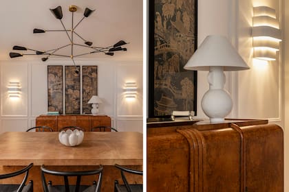 Sillas Wishbone, mesa con tapa en pergamino, vajillero vintage (Mercado libre) y tríptico oriental. Lámparas 'Supernova' de 12 luces y 'Paloma', en papel y yeso (ambas de Estudio Molé).