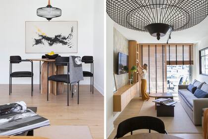 Sillas y mesa de comedor de petiribí con patas semicirculares (Moscú Company). Obra (Monocopia). Lámpara de techo (Omniluz).